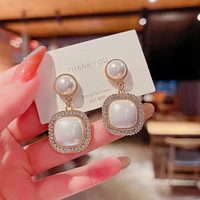 south koreas new simple square pearl earrings fashion temperament full of diamond zircon inlaid earrings female jewelry party
