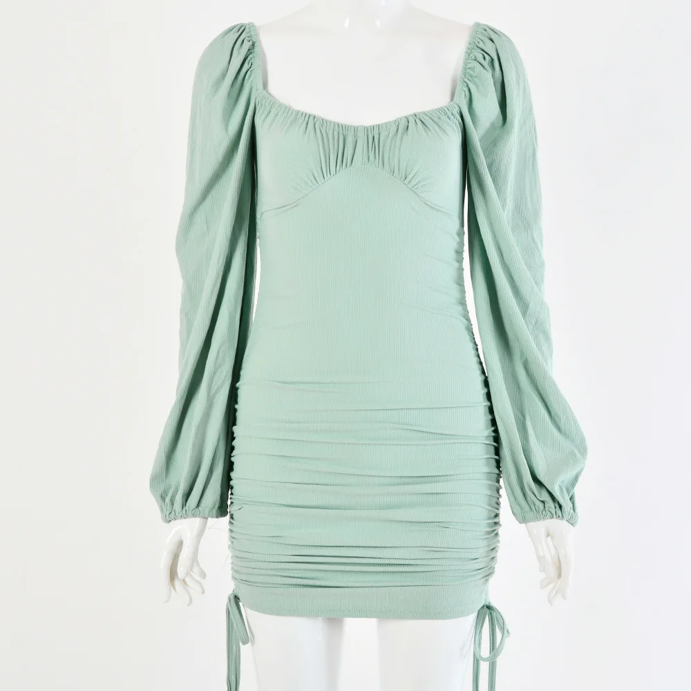 

2021 Autumn New Fashion Women Sexy Wrapped Chest Long Sleeve Square Neck Cocktail Dress Elegant Puff Sleeve Party Mini Dress