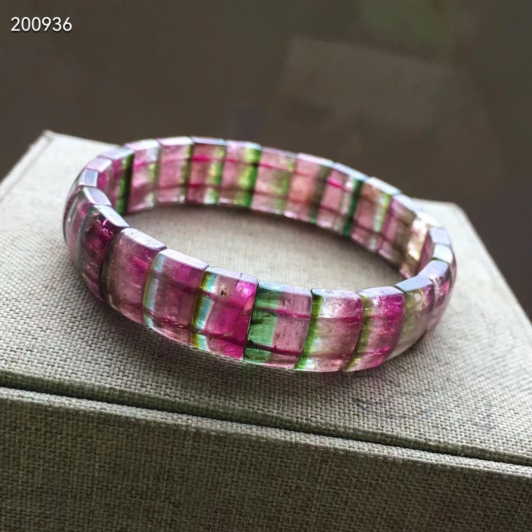 

Natural Colorful Tourmaline Watermelon Bracelet Clear Rectangle Beads 11.5/7.5mm Women Men Crystal Stretch Bangle Rare AAAAA