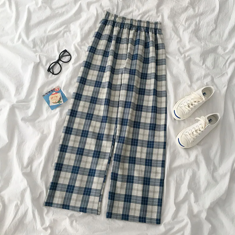

HOUZHOU Plaid Pants Women Korean Style Summer 2021 Trousers Women High Waist Casual Checkered Trousers Students Wide Leg Pants