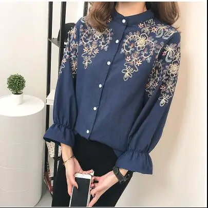 Korean Woman Blouse 2019 Long Lantern Sleeve Stand Collar Shirt Floral Embroidery Tops Kimono Causal Kawaii Blusas AF140 | Женская