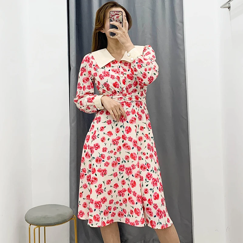 Винтажное шикарное платье-рубашка средней длины с цветочным принтом vestido для