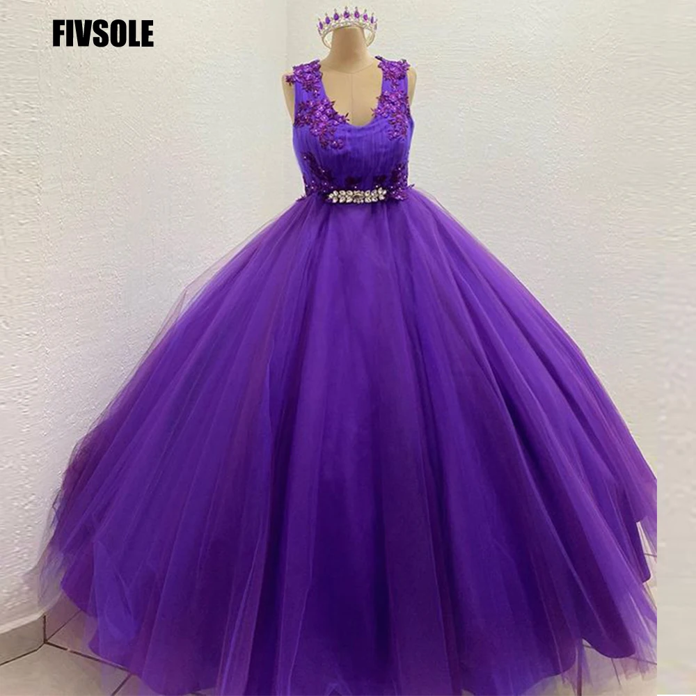 Fivsole – robe De Quinceanera en dentelle violette, avec bonnet aux épaules, De luxe, longueur au sol, robe De bal Vintage, 15 ans  (0)
