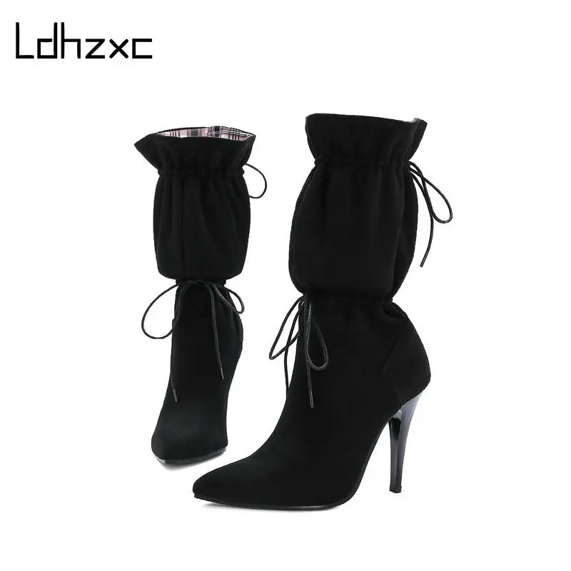 

LDHZXC High Heel Mid-calf Boots Pointed Toe Women Boots Black Red Brown Suede Leather Winter Woman Boots Size 34-43