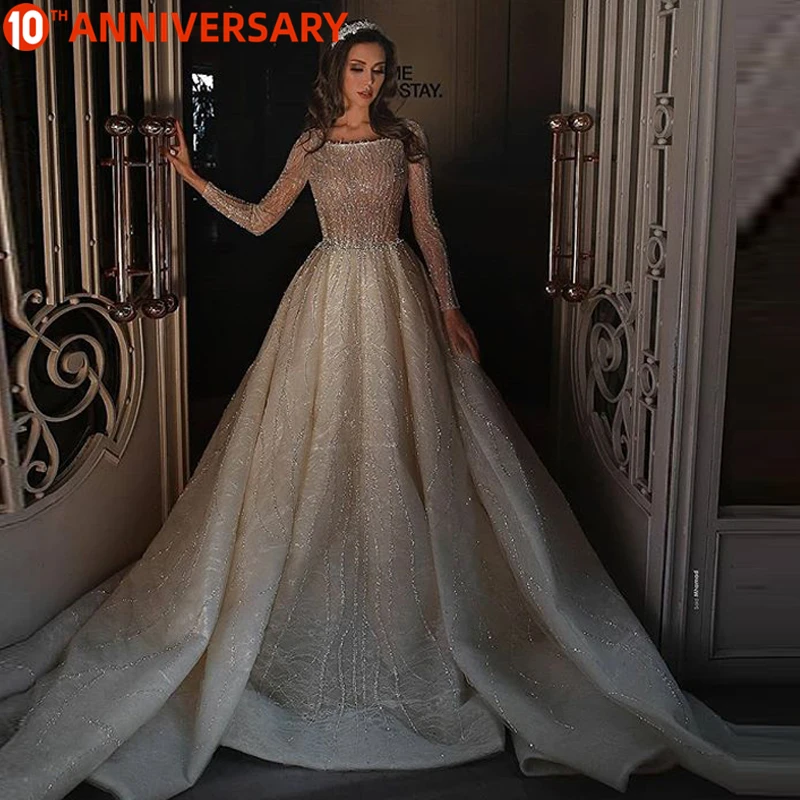 

Italian Princess Detachable Tail Wedding Dress Champagne sequined cloth short sleeve luxury OllyMurs Round O-neck DHL real shot