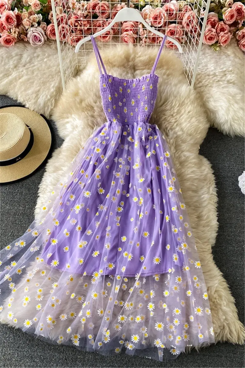 

2021 Summer High Waist Sling Floral Dress French Retro Temperament Slim Sleeveless Mesh Sundress For Girls Sweet Robes zh806