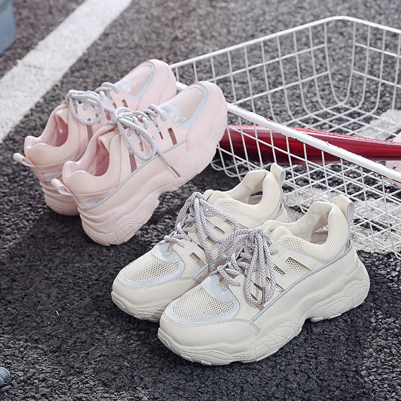 

Summer Fashion female sneakers Chunky Platform Shoes Lace Up casual shoes Womens Breathable hollow Reflective Women's shoe S2-78