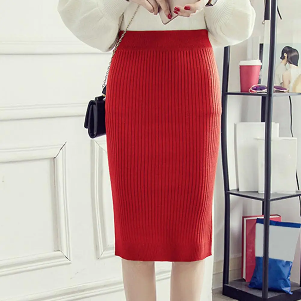 

Pencil Skirt Solid Color Knitted Warm Skirt Midi Skirt Stylish Bodycon Skirt