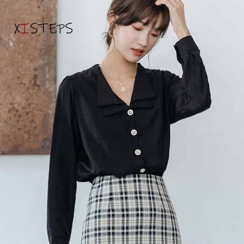 Double-layer Collar Women Chiffon Shirts 2021 Spring French Loose OL Blouses Designer Tops White Black Clothes Vintage Blouse