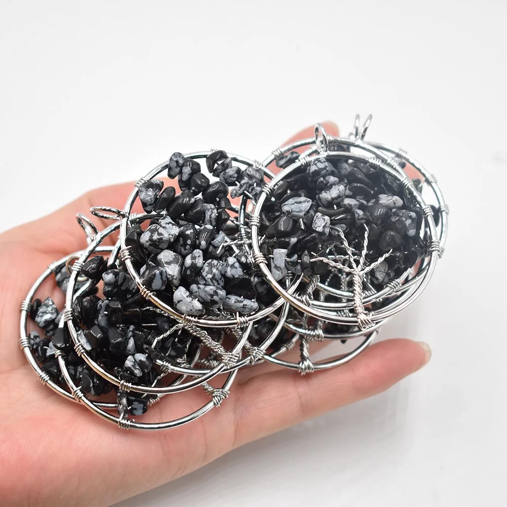 

Wholesale 12pcs/lot natural stone Black snowflake Tree of life handmade wire wrapped Pendants 50mm for jewelry necklace marking