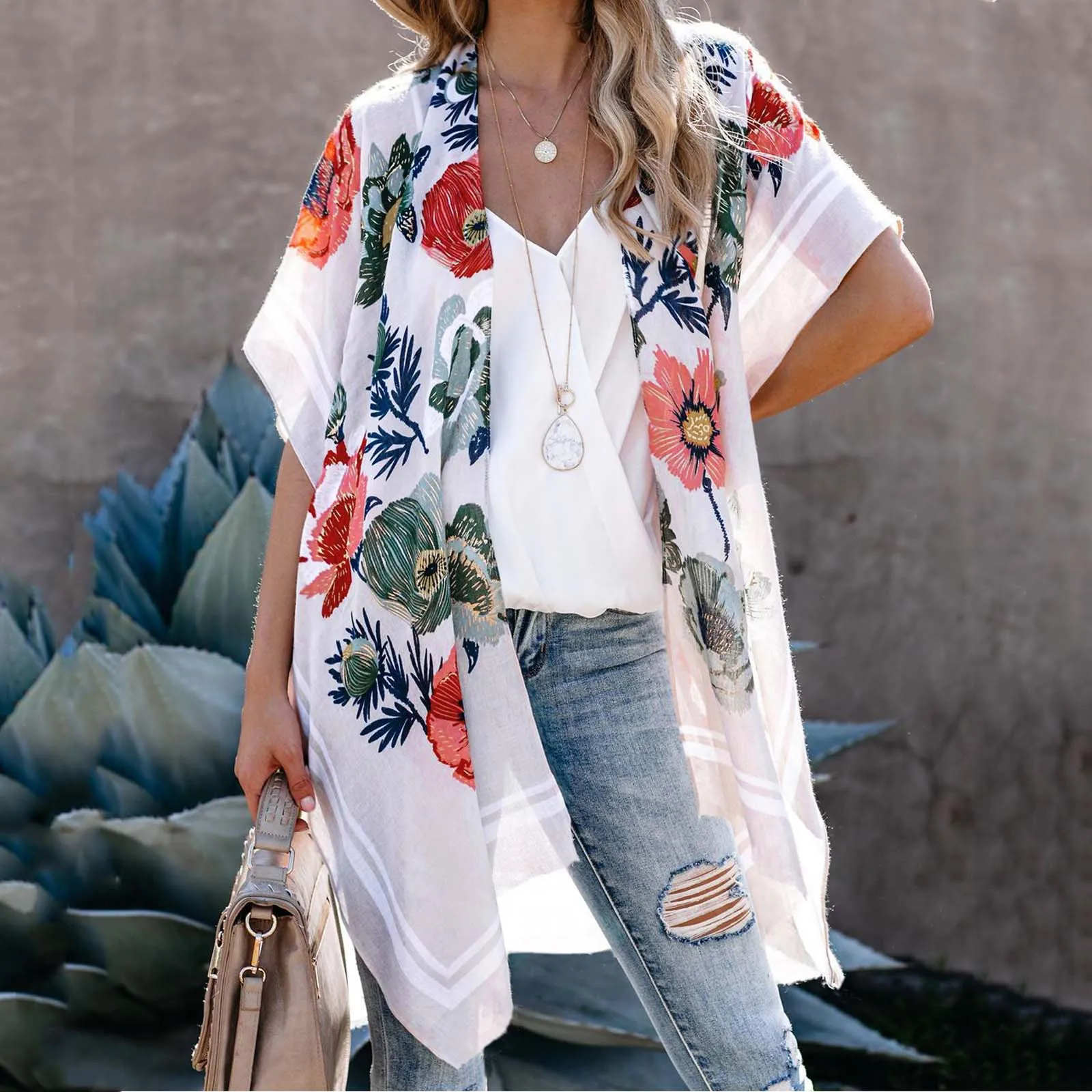 

Fashion Women Floral Chiffon Shawl Perspective Sunscreen Cardigan Cover Up Beachwear Perspective Cardigan Beach Sunscreen Blous