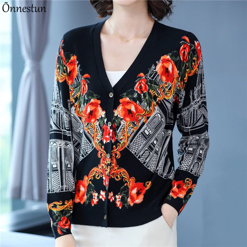 

Floral Print Female Cardigan Autumn Spring Single-breasted Knitted Sweaters Top Korean Fashion V Neck Soft Cardigans Women