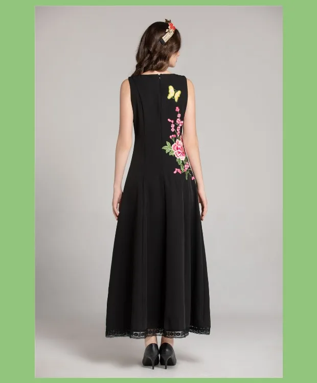 Модное шоу Moda Цветочные Vestidos de Festa Sem Mangas das Mulheres Do винтажные Flor Preto Bordado Vestido longo
