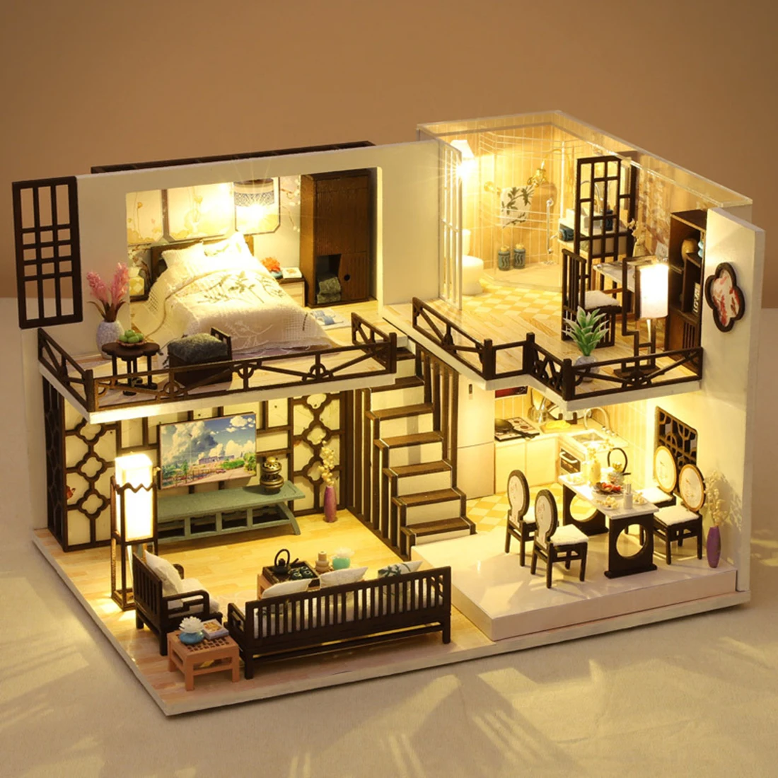

DIY Wooden Cabin Puzzle Model Kit Handmade Assembly Construction Toy With LED Light For Children Educational Toys Gift - M033-A