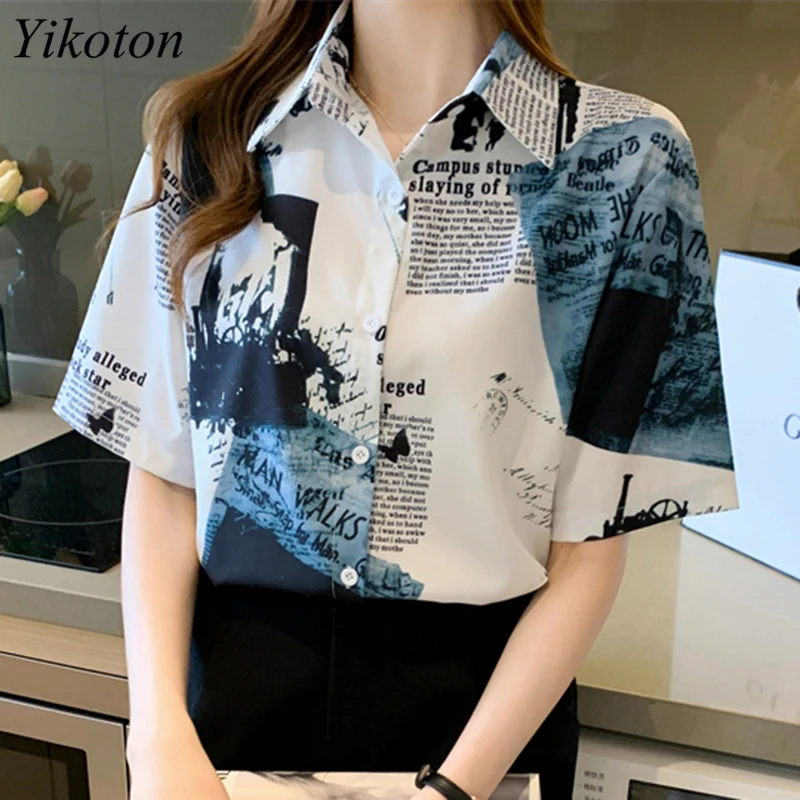 

Casual Chiffon Shirt For Woman Blouse Chic 2022 Summer New Loose Korean Fashion Printing Shirts Women's Top Short Sleeve Blusas
