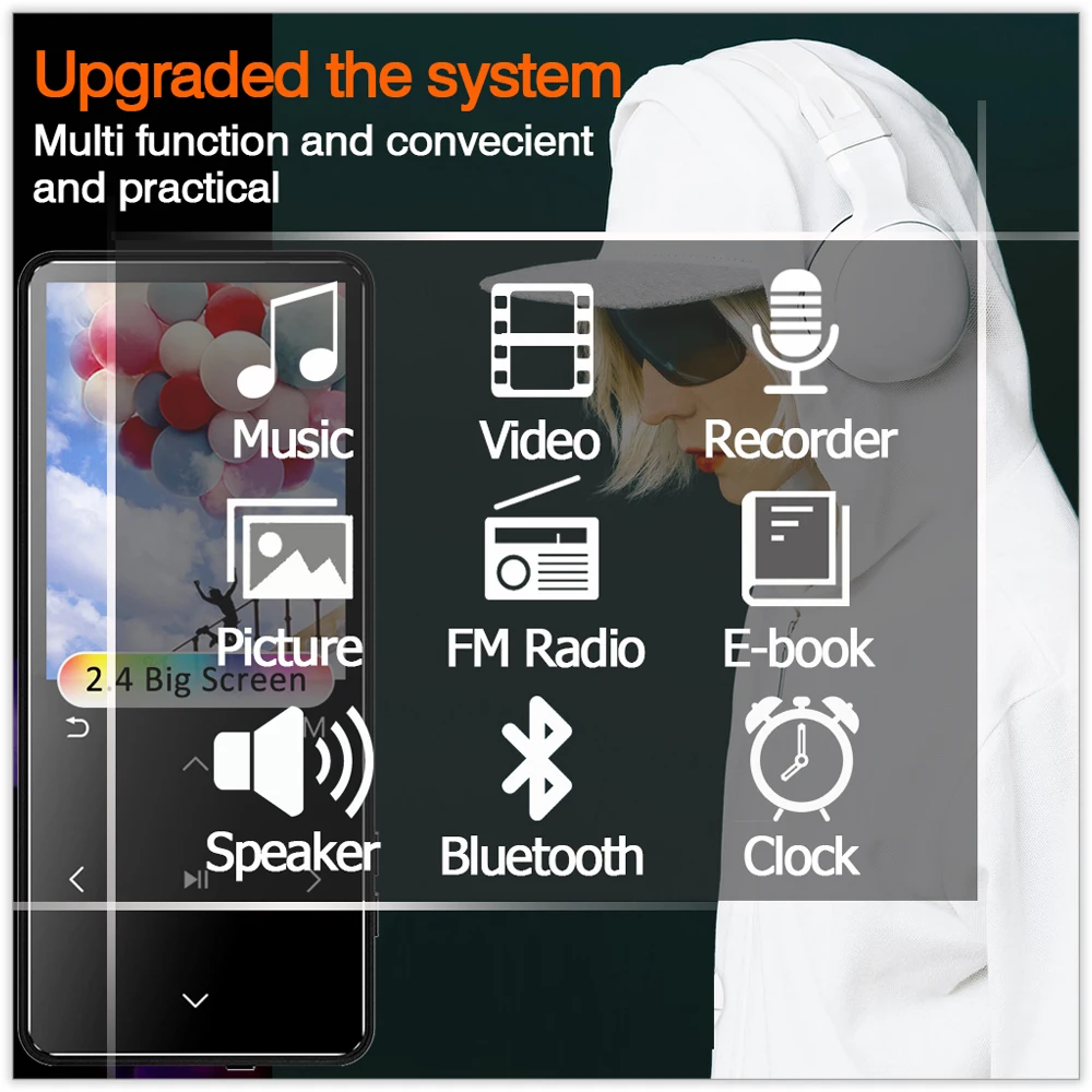 MP3 плеер с Bluetooth, FM-радио, громкоговорителем, наушниками, сенсорными кнопками, 2,4-дюймовым экраном, HiFi Walkman Sport MP3 Flac Music для детей.