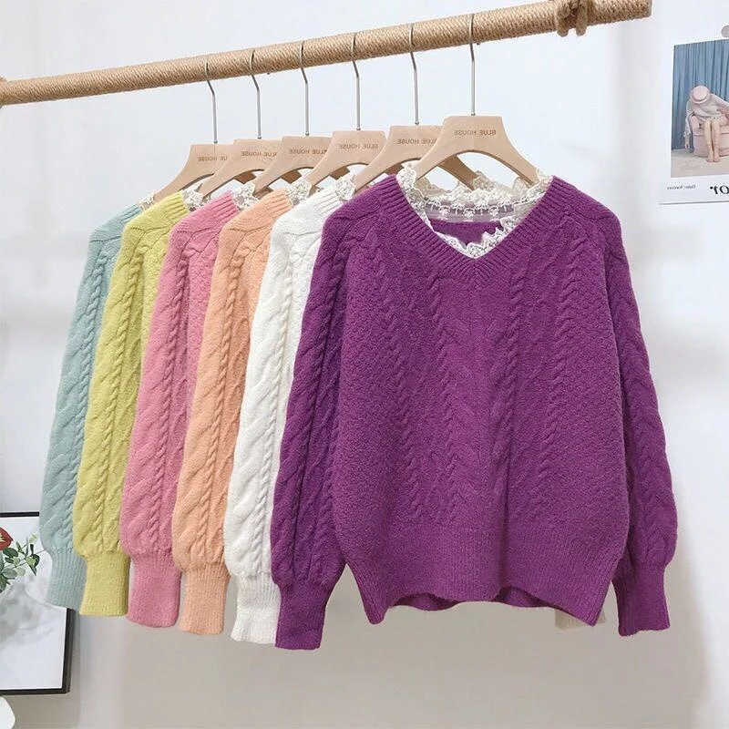 

Autumn Winter Lace Collar Sweater Women Loose Sweaters Puff Sleeve Solid Color Pink Orange Purple Lace Jumpers