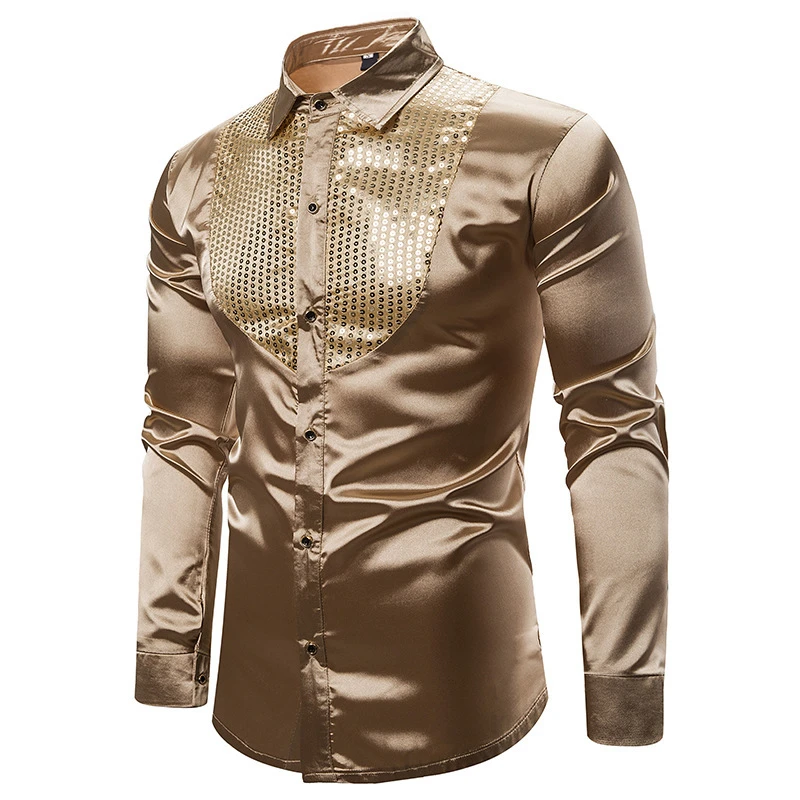

2019 New Men's Sequin Patchwork Shiny Shirts Male Long Sleeve Silk Satin Party Wedding Shirt S-2XL