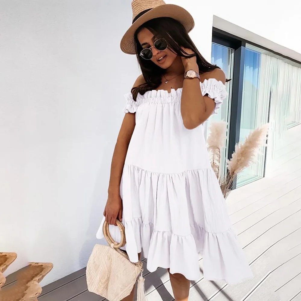 

Summer Sexy Mini Sleeveless Women Dress 2021 The New Casual Solid Color One-neck Fashion Loose Big Dress Robe Femme