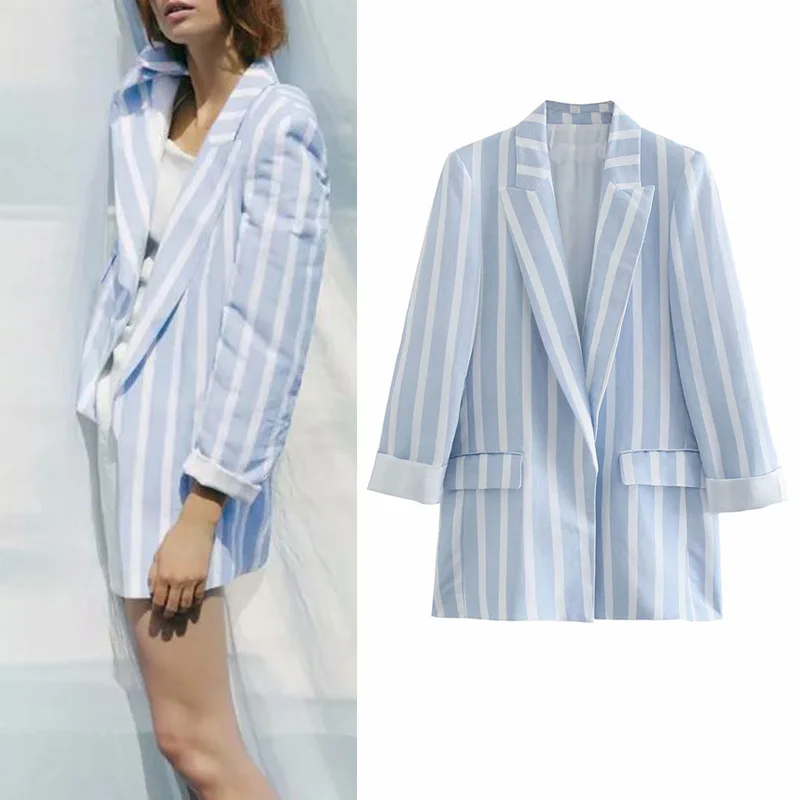 

Женский блейзер с длинным рукавом, повседневный свободный блейзер в полоску с открытым стежком, одежда для улицы, лето 2021
