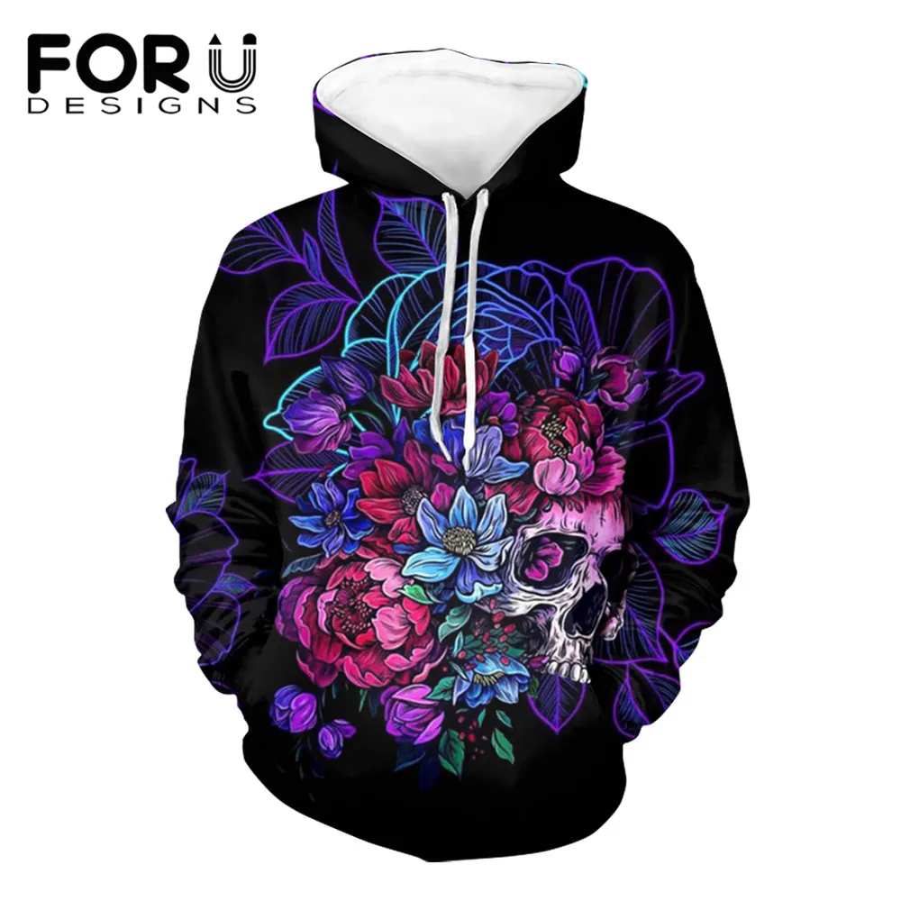 

FORUDESIGNS Colorful Gothic Skull Women's Long Sleeve Pullover Hoodies Black Casual Sweatshirt Ladies Oversized Sudaderas Femme