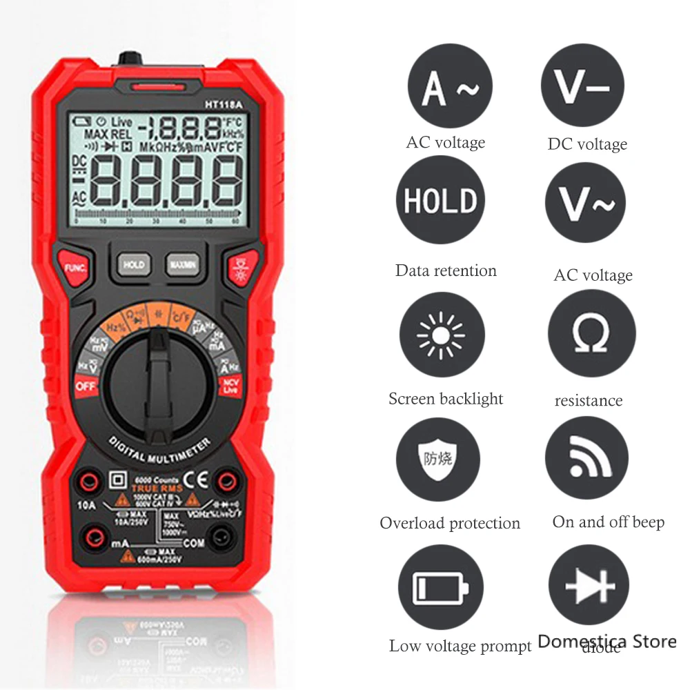 

6000 Counts HT118 Digital Multimeter High Precise 1000V AC DC Ohm Hz NCV Live C/F Duty Multimetro Voltage Meter LCD Display