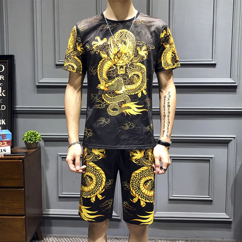 Летний мужской комплект спортивных костюмов футболка + шорты Быстросохнущий из 2