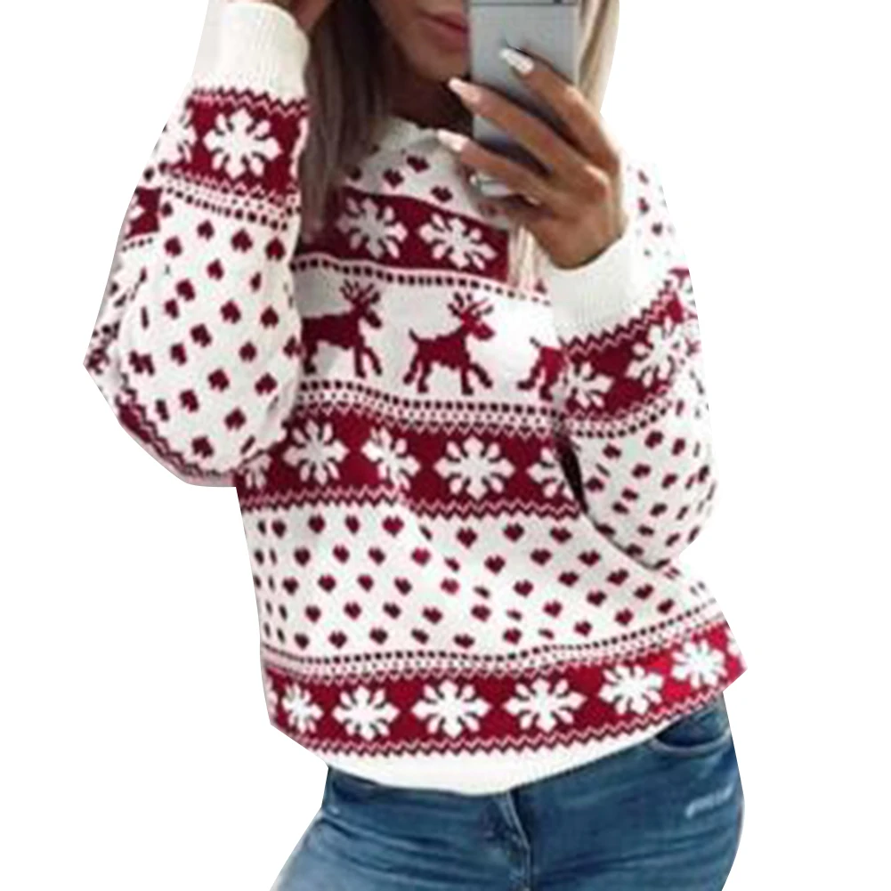 Зимний женский Рождественский Снежный свитер с принтом лося пуловер длинными