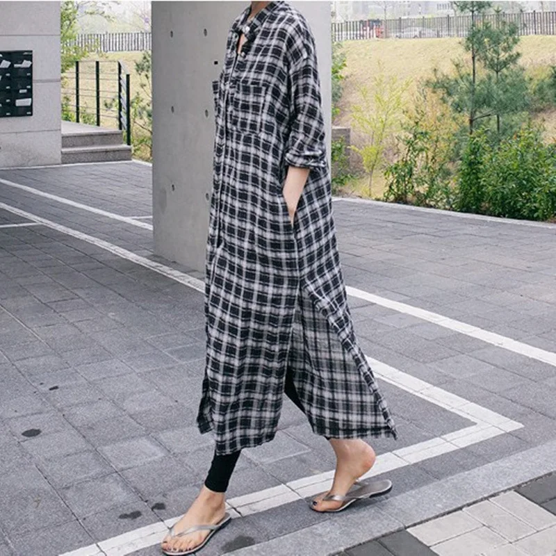 Женские Длинные Топы и блузки в клетку Johnature Свободные повседневные кардиганы с