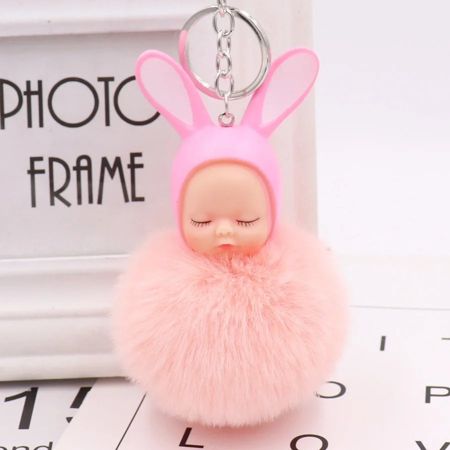 Cartoon Cute Rabbit ears Baby Doll Keychain Flower Pompom Fur Ball Key Chain Fluffy Car Keyring porte clef Bag Ring | Украшения и