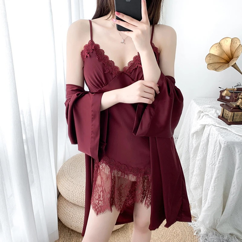 

Summer 2 Piece Women Pajamas Sets Silk Satin Nightwear Condole Belt Sexy Lace with Chest Pad Sleepwear Sleep Wear Nightdress Sui