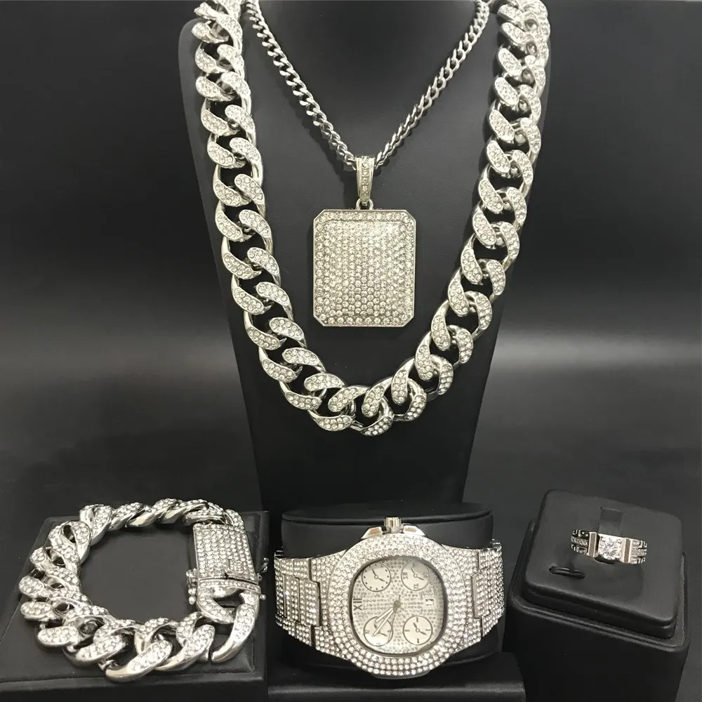 

Luxury Men Silver Color Watch & Necklace & Ring & Earrings & Braclete Combo Watch Set In Crystal Ice Out Cuban Neckacle Chain