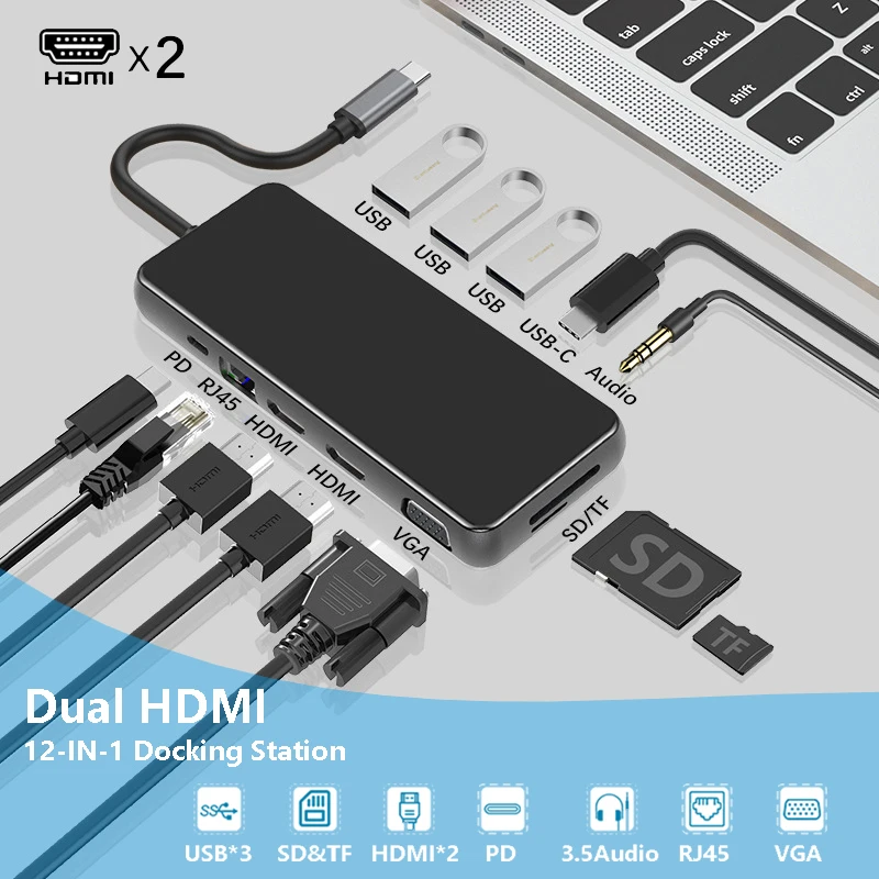 Док станция USB C для ноутбука док с двумя портами HDMI VGA RJ45 PD Type MacBook Lenovo ThinkPad Dell XPS HP