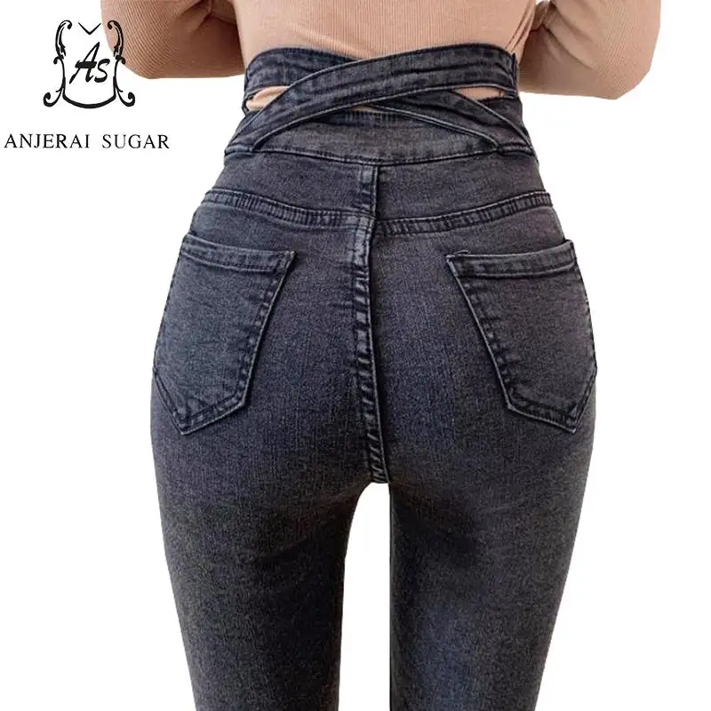 Женские джинсы с высокой талией эластичные однобортные брюки карандаш черного и