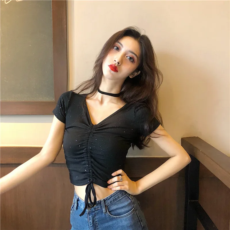 

Women T-shirt 2020 Summer Chic Drawstring Lace-up Slim V-neck Short Sleeve Tops Sexy Solid Bare Midriff Comfy Cotton Crop Top