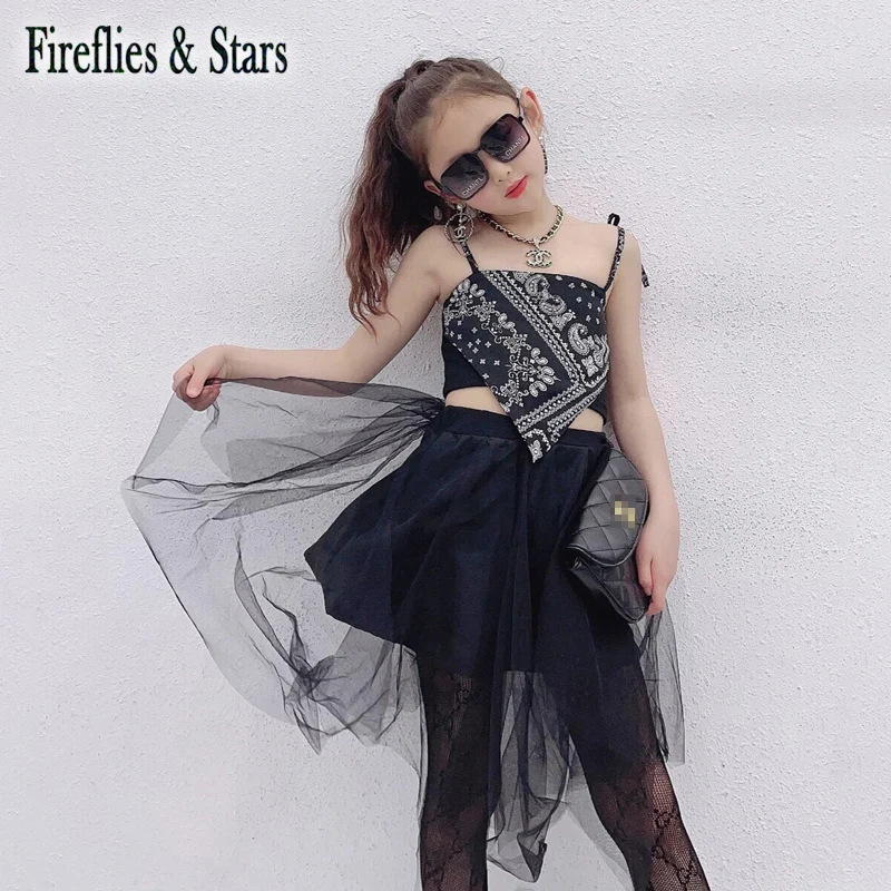 

Summer Girls 2 Pcs Set Baby Vest + Tuutu Skirt Kids Suit Children Fashion Clothes Geometric Print Mesh Strap Lacing 4 To 13 Yrs