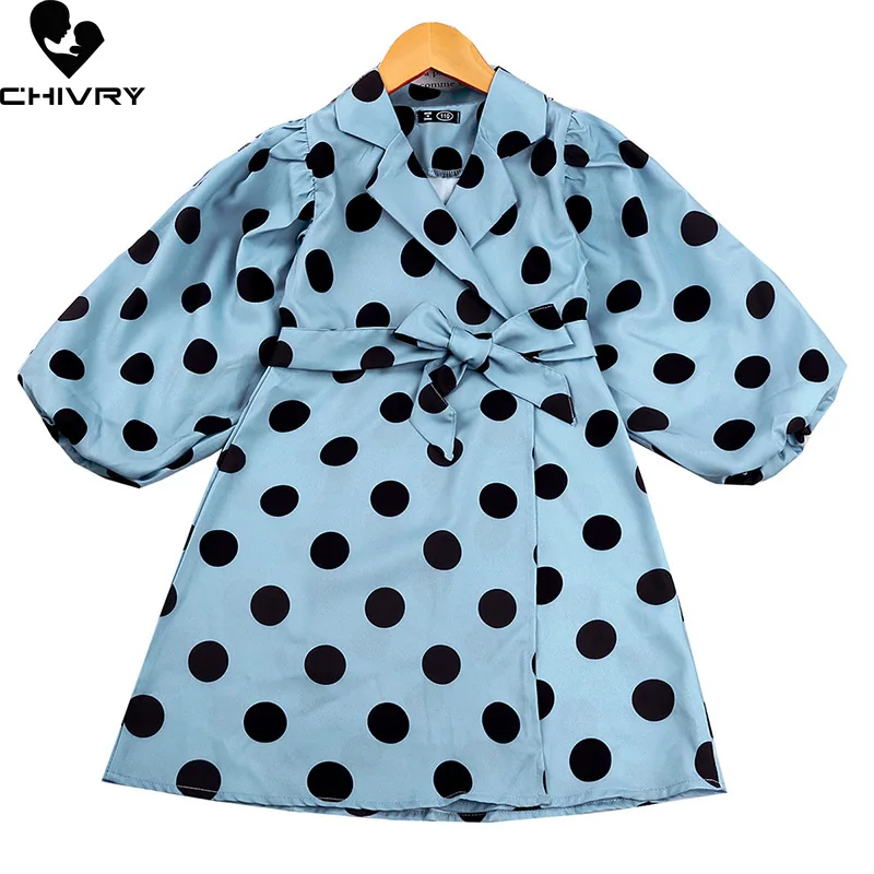 Spring Autumn 2022 Girls Long Coat Fashion Dot Print Lapel Long Sleeve Windbreaker Coat with Belt Kids Baby Girls Trench Outwear