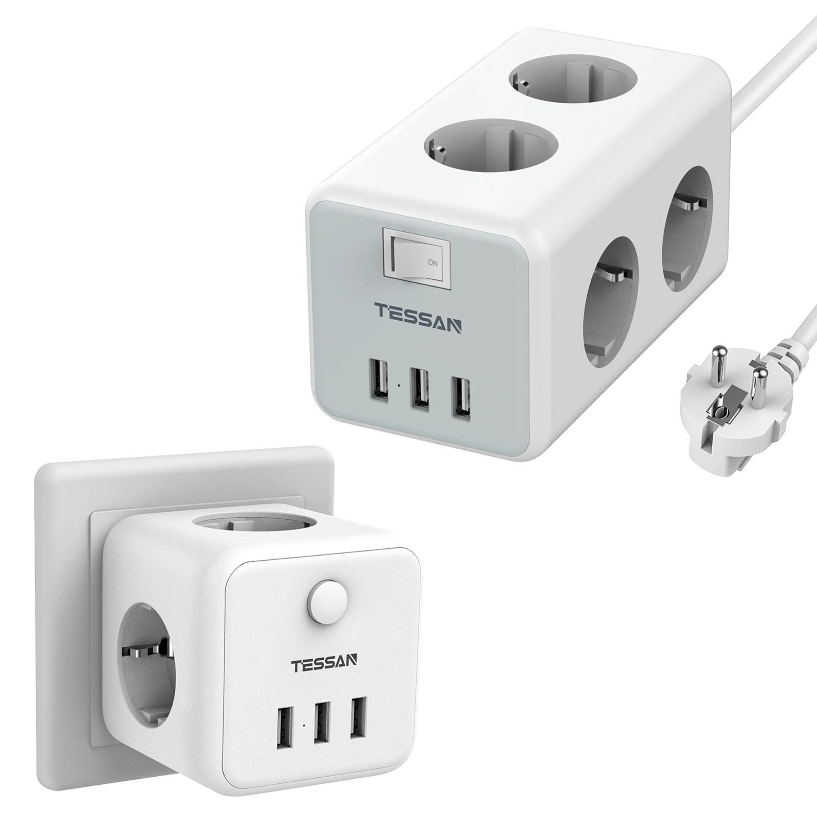 

TESSAN EU Plug Outlet Cube Power Strip 6 Outlets 3 USB Ports 2M Extension Cord with Switch Overload Protector USB Socket Home
