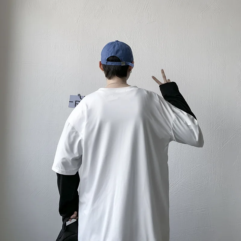 

Spring Loose Fake Two Piece Long Sleeve Men T Shirt Oversized Casual Loose O Neck Male Boy Clothing Top Tees M-2XL Streetwear