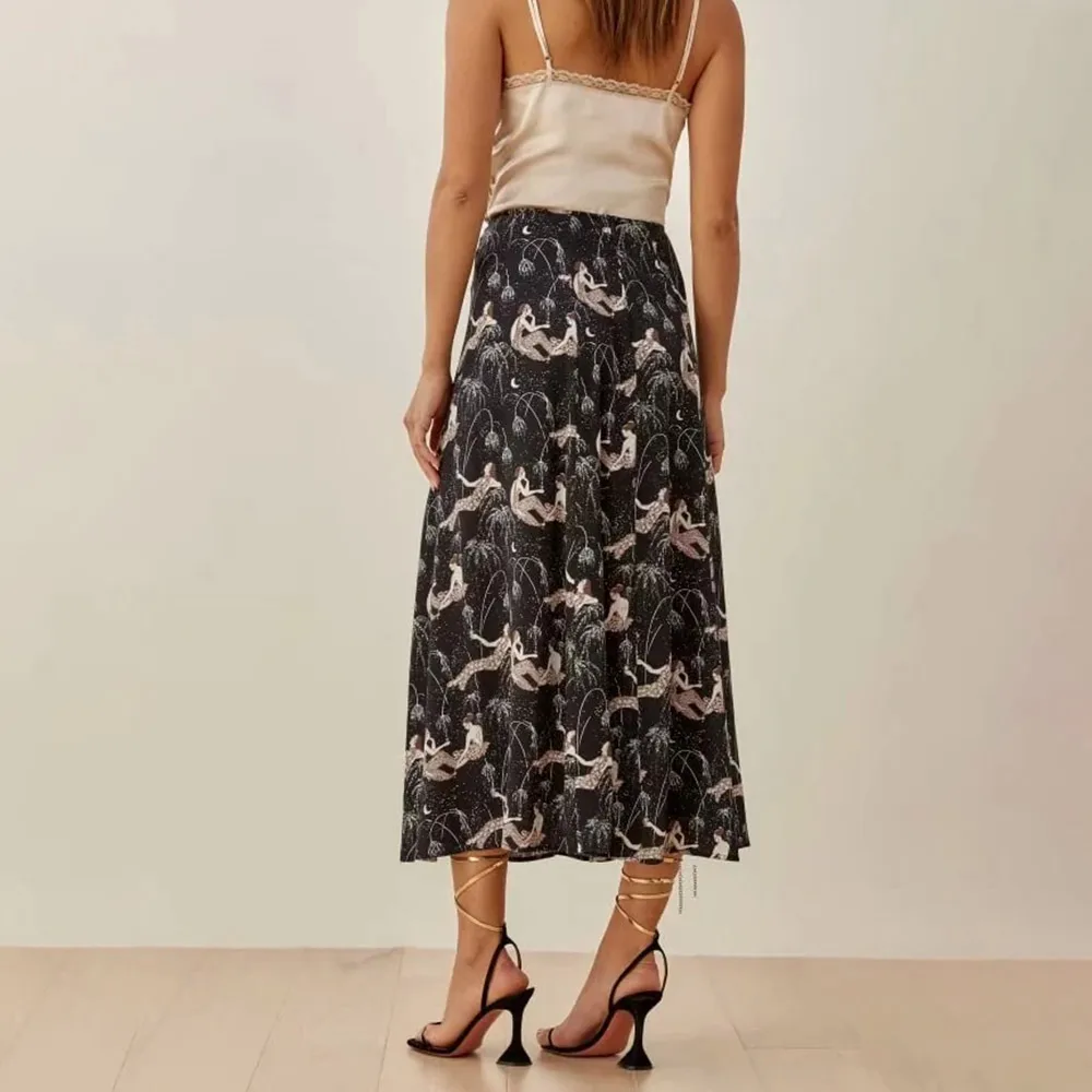 

French Vintage Printed High Waist Skinny Midi Skirt with Zipper Black Casual Split Long Faldas for Women Spring Autumn 2021