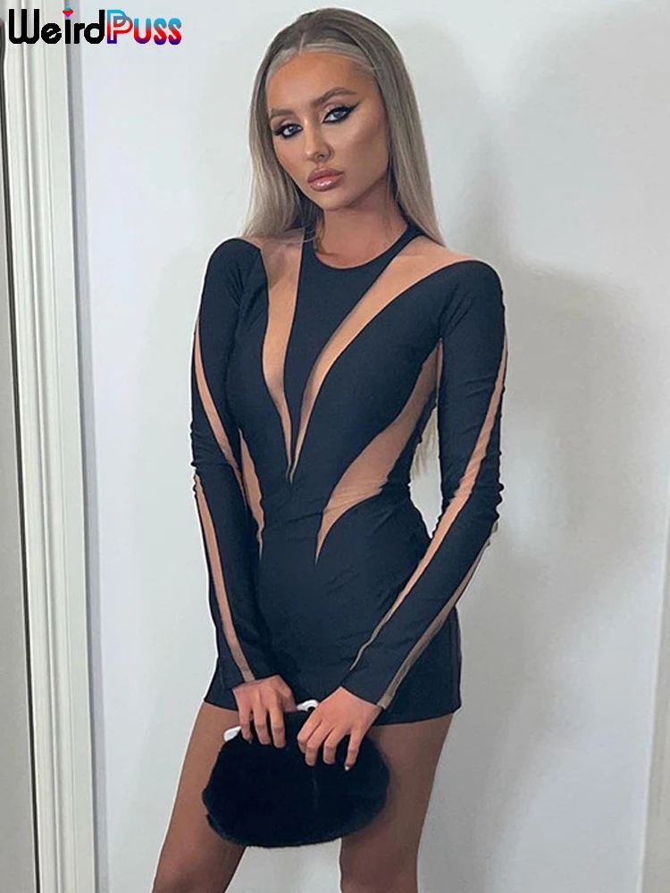 

Weird Puss Patchwork Women Dress 2022 Spring Fashion Long Sleeve Skinny Stretchy O-Neck Party Bodycon Streetwear Casual Outfits