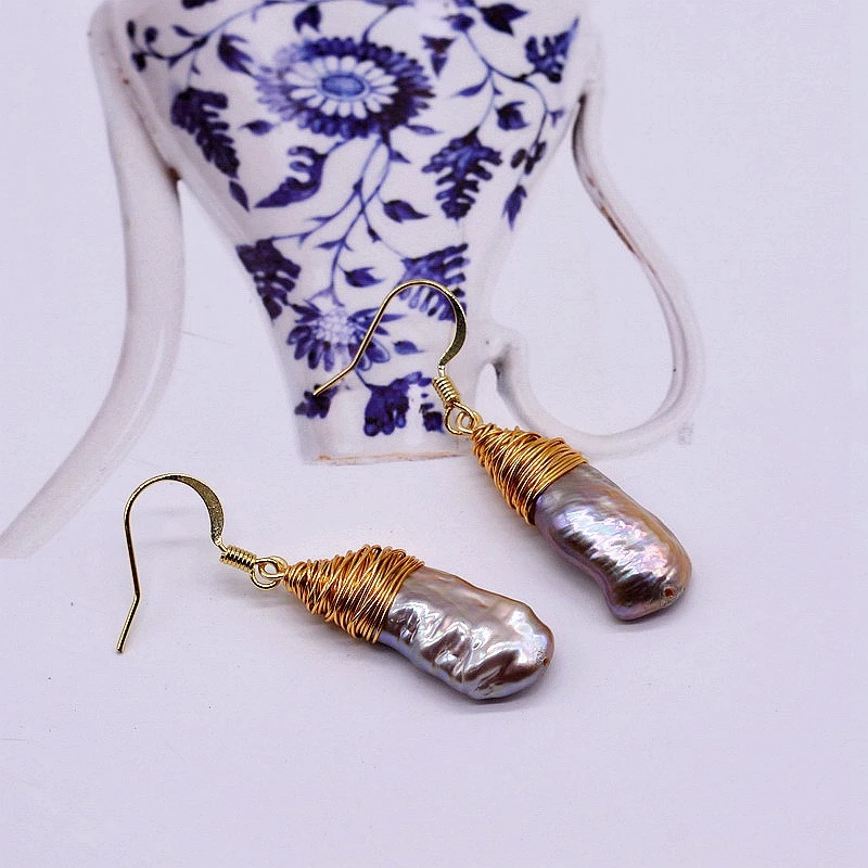 

Purple baroque earrings, natural irregular pearls, slender purple. hand-made. Unique female gold earrings