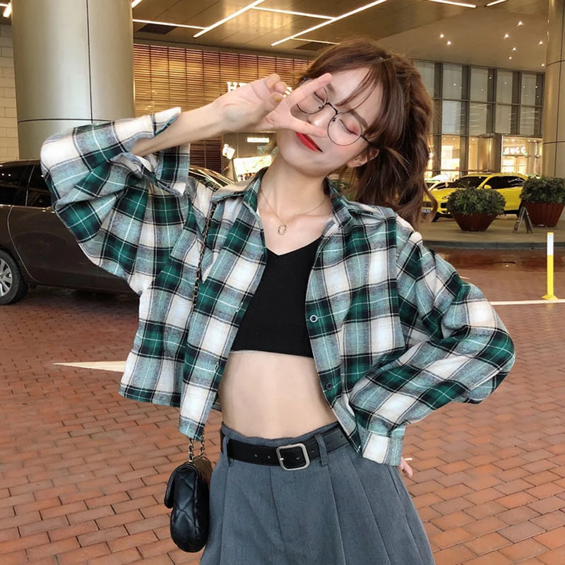 

JMPRS Vintage Plaid Women Short Shirt Spring Long Sleeve Loose Korean Blouse Green Harajuku Turn Down Collar Ladies Thin Tops