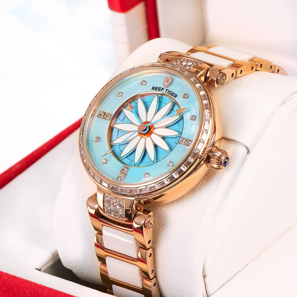 Reef Tiger/RT Fashion Lily Women Watch Rose Gold Diamonds Bezel Lady Automatic Watches Relogio Feminino RGA1599