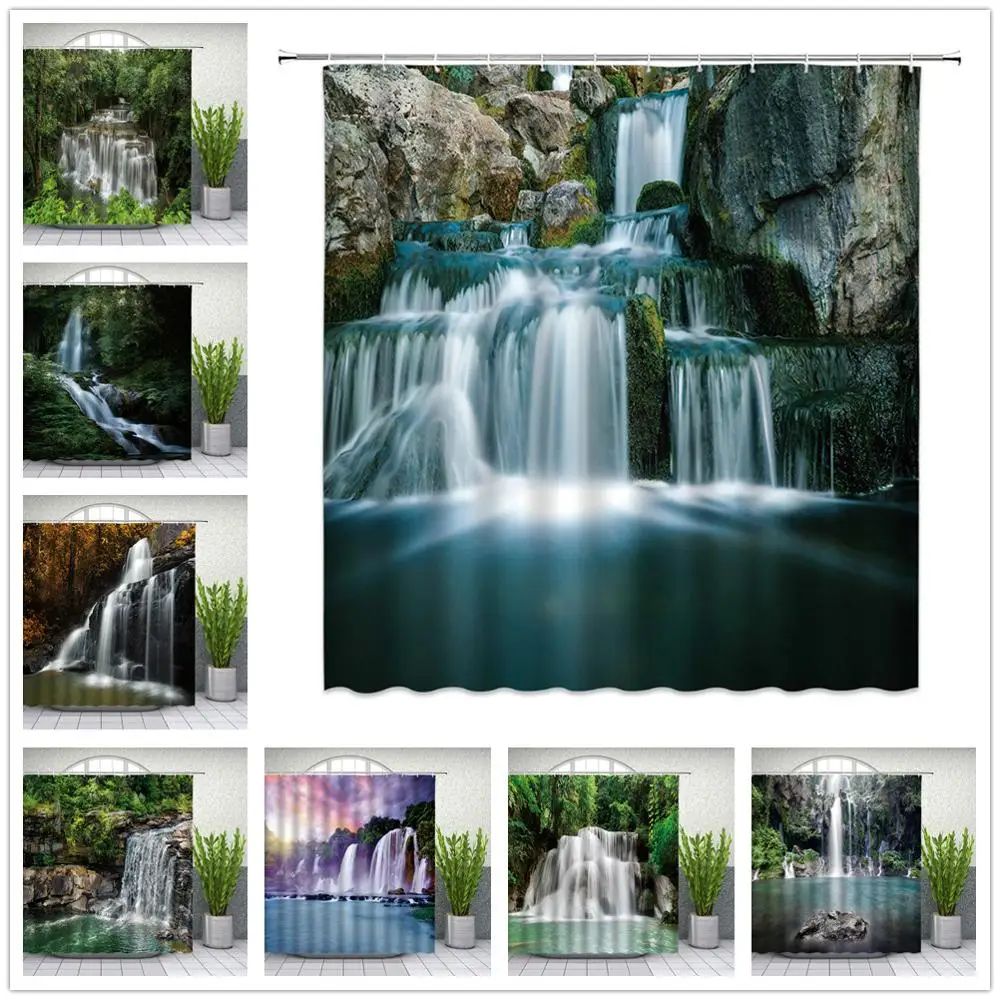 Cortinas de ducha de paisaje Natural, decoración de baño de tela impermeable, bosque de verano, alta montaña, cielo azul, nube, cascada
