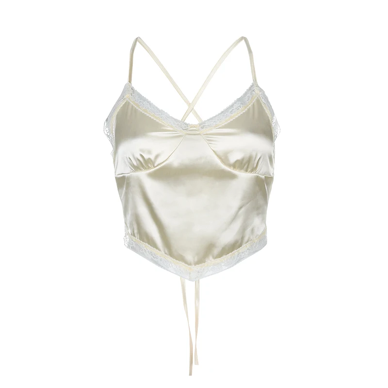 

Brown Lace Crop Top V Neck Tank Top Y2K Harajuku Camis Spaghetti Strape Tee Tops Women Party Top New Trendy Streetwear