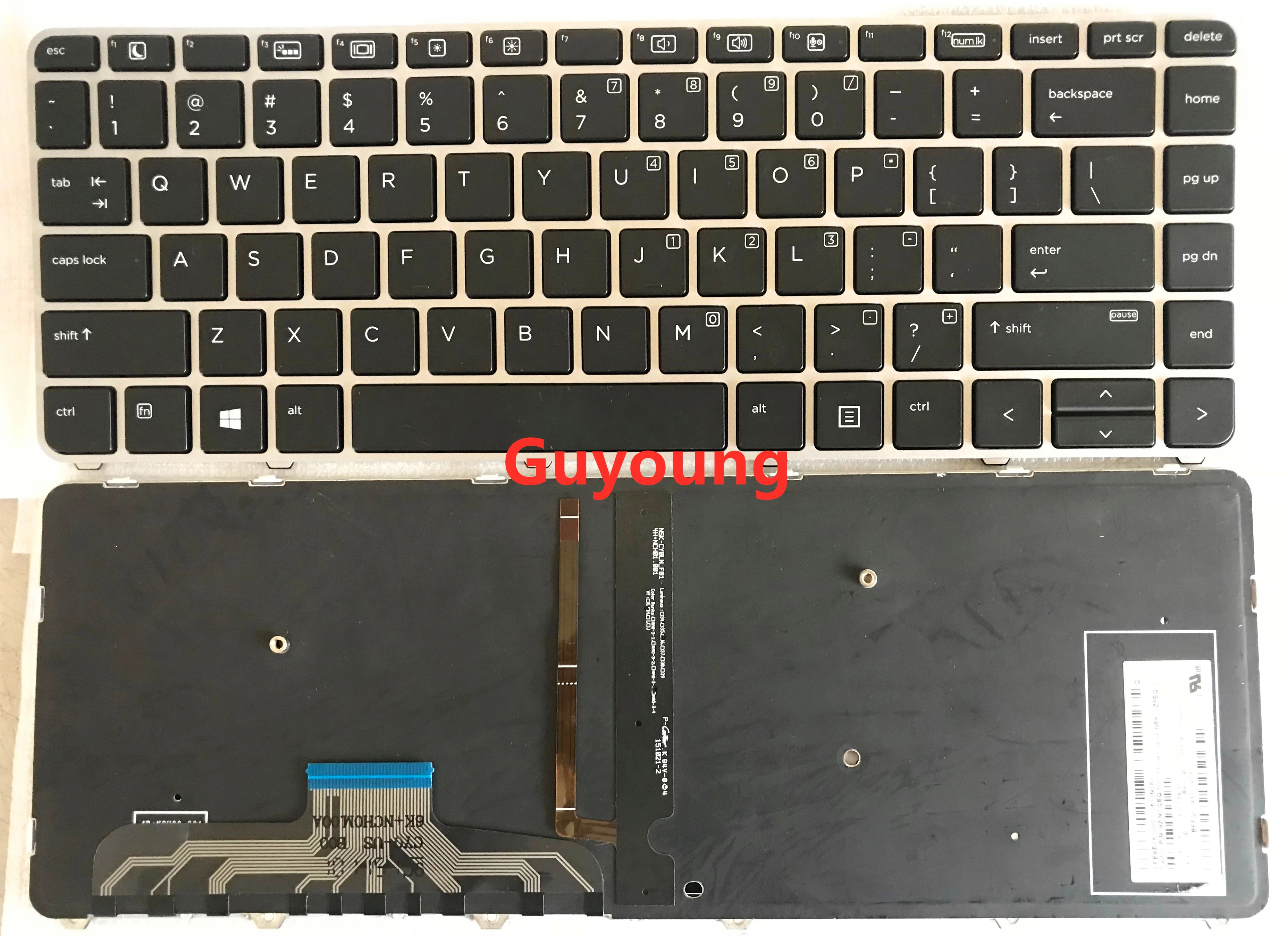 Английская клавиатура для ноутбука HP ELIteBook FOLIO 1040 G3 с подсветкой серебряная рамка
