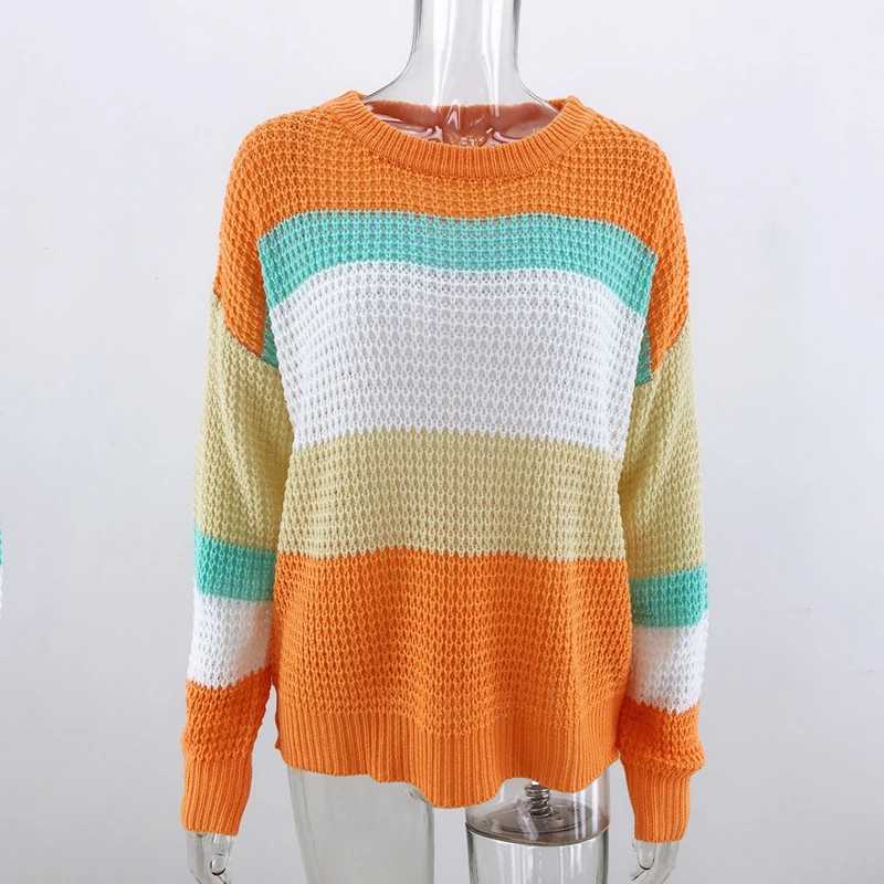 

Pullovers Sweaters Full 2020 New Autumn and Winter Loose Sweater Fashion Casual Women's Striped Rainbow knit Sweater Female