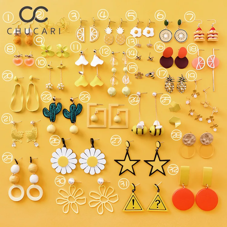 Очаровательные акриловые серьги CHUCARI желтые с фруктами и цветами клубника киви