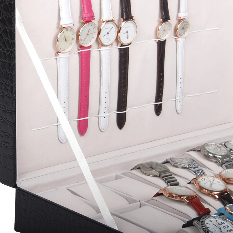 

Черная кожа мужские часы с выдвижной ручкой, размером 24 слотов часы Чехол Держатель Дисплей упаковской, мужские часы WT-02